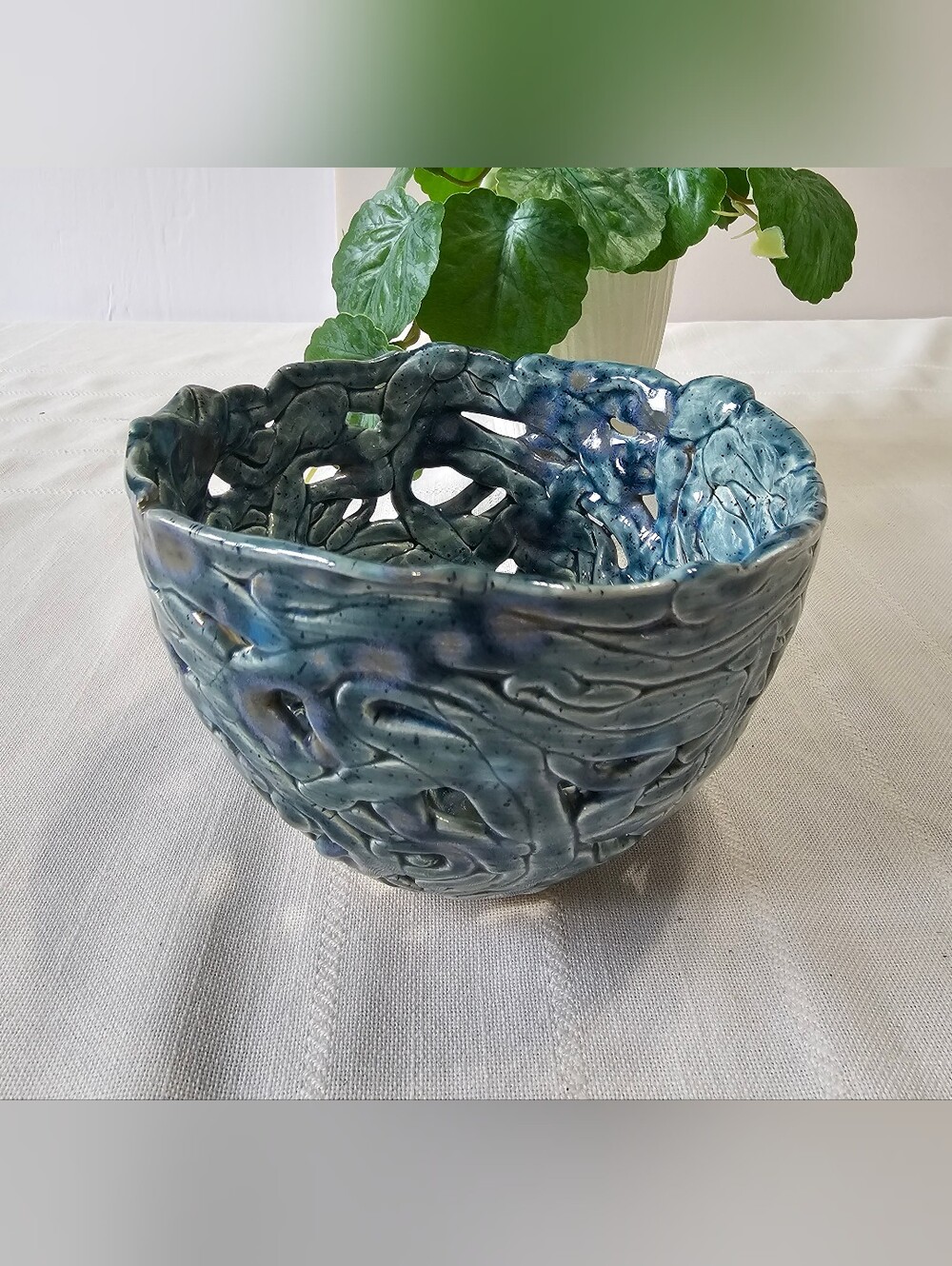 Handmade Blue Openwork Studio Pottery Bowl – Organic Vine & Coral Design